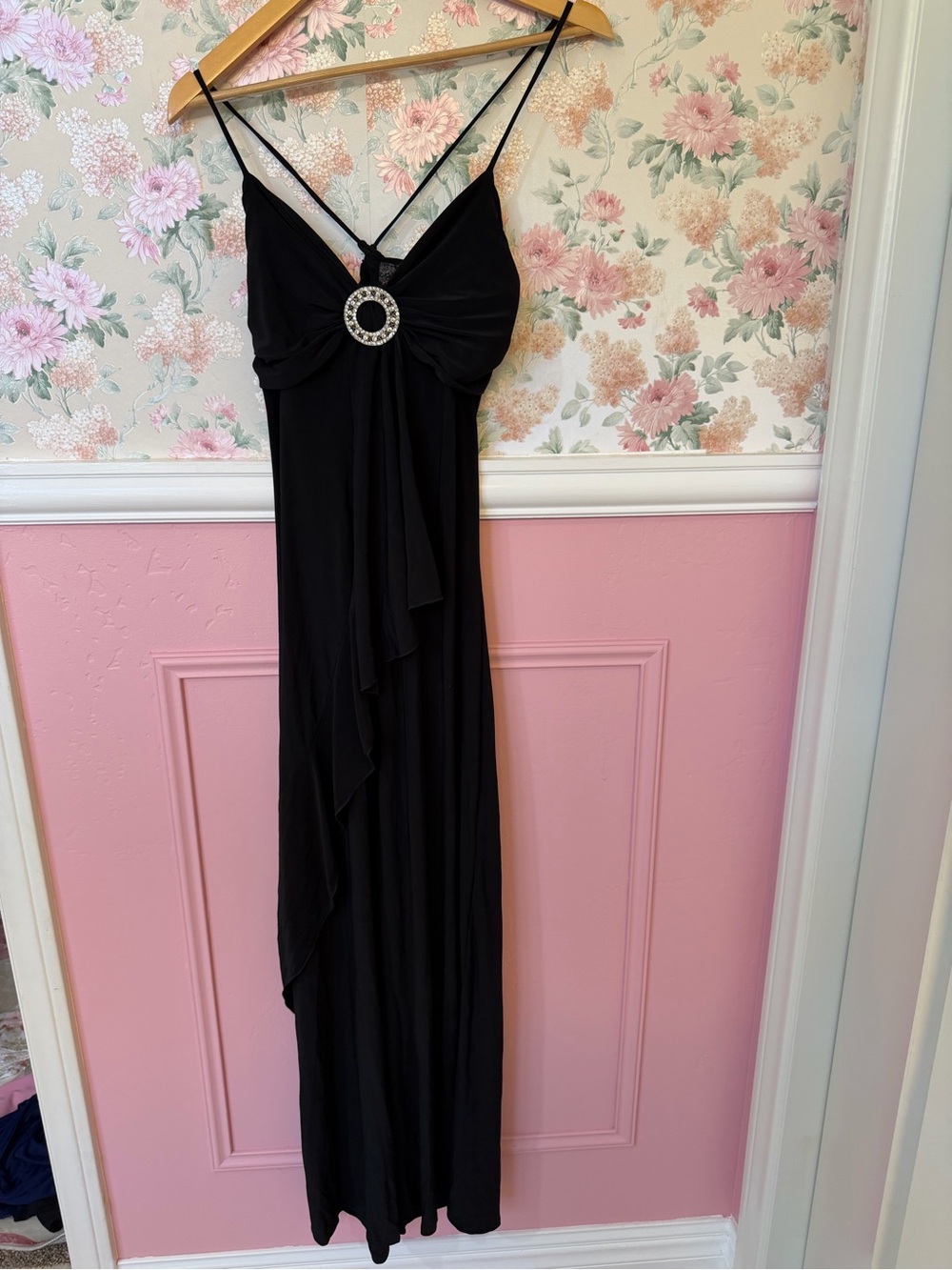 Y2K Elegant Black Evening Maxi Dress with Rhinestone Accent